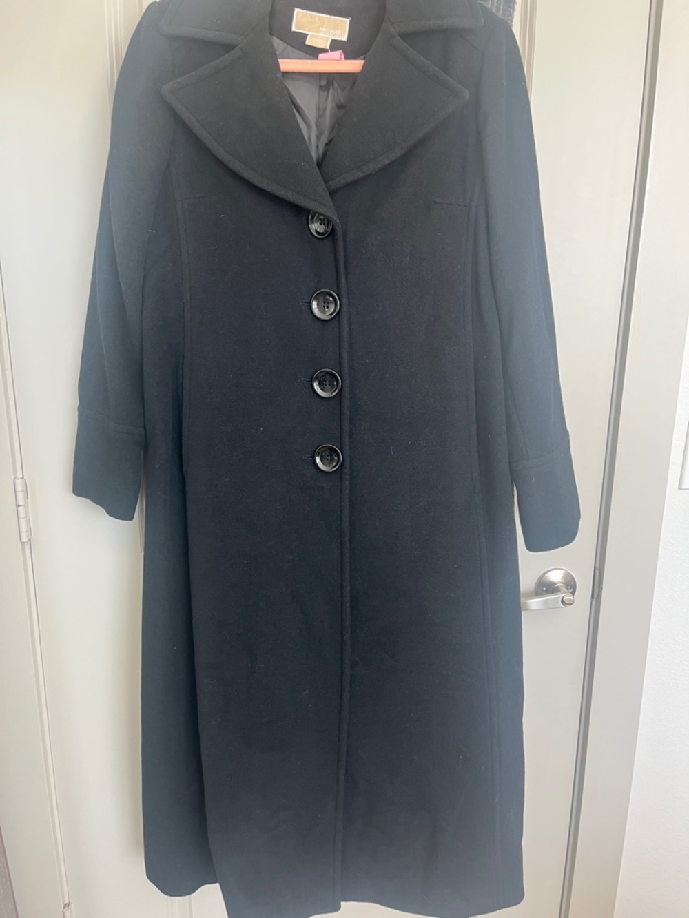 Michael Kors Black Wool Coat with Pink Hanger Accent